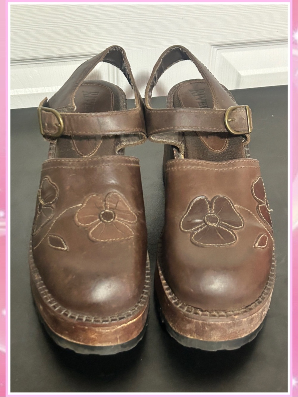 Vintage 90s Floral Embossed Wooden Chunky Platforms